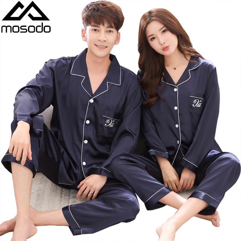 

Mosodo Men Pajamas Spring Ice Silk Long Sleeve Pajamas Suit Lapel Cardigan Thin Imitation Silk Leisure Wear, Blue