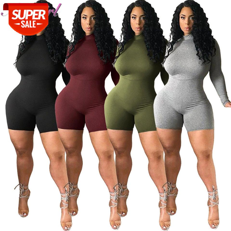 

Sports Fitness Women's Jumpsuit Playsuit with Zipper Female High Collar Long Sleeve Solid Color Bodycon Shorts Jumpsuit Rompers #p28Y, Black;white