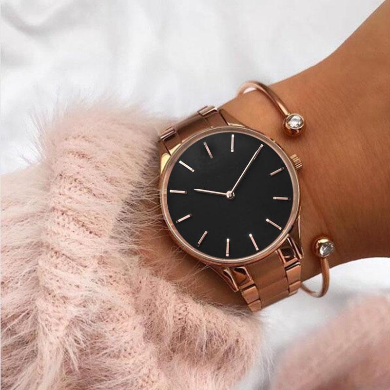 

Mavis Hare Black Dial Plate Hermosa Rose Gold Woman Watches Stianless Steel Wristwatches with Double T