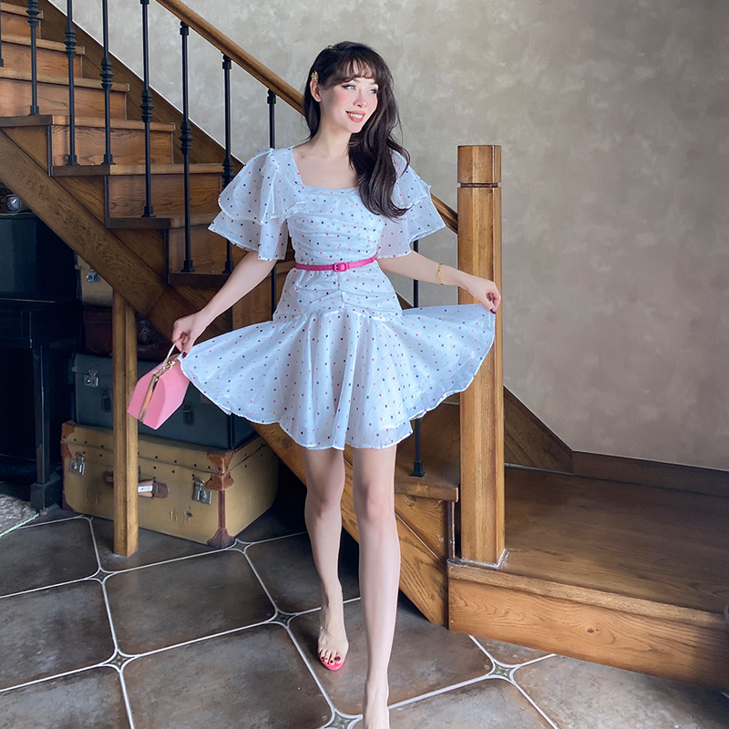 

2021 New White Recommendation Seven Colors Vintage Polka Dot Babados Dressed Enlargement From Moonlight Square Collar Above Knee 99V5