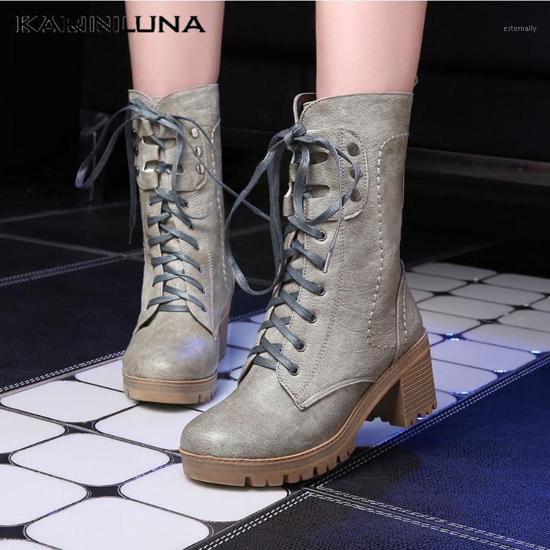 

Karin plus size 34-39 leisure shoes women 2021 wholesale round toe cross-tied shoelace square thick heels ankel booties1, Beige