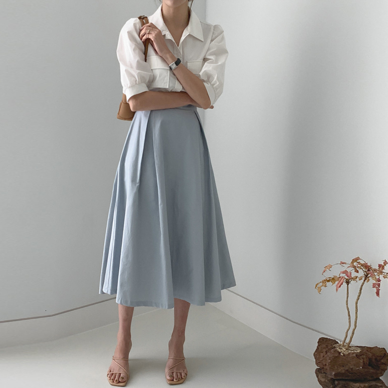 

2021 New Vintage Two-piece Defines Solid Half-length Female Puff Sleeves Empire the Long Middle Line Skirt Plied Women' Suits Y9J6, Sky blue.