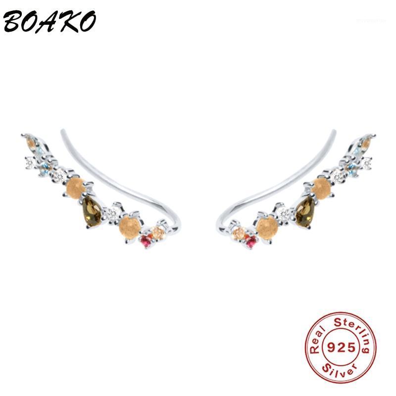 

BOAKO 925 Sterling Silver Gold Flower Rattan Stud Earrings For Women Colorful Rainbow Zircon Ear Climber Earring Fine Jewelry1