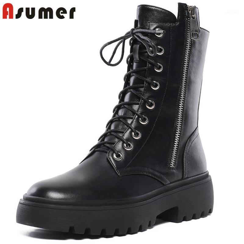 

Asumer 2020 new arrival genuine leather ankle boots women round toe flat platform boots comfortable punk casual shoes woman1, Black with fur
