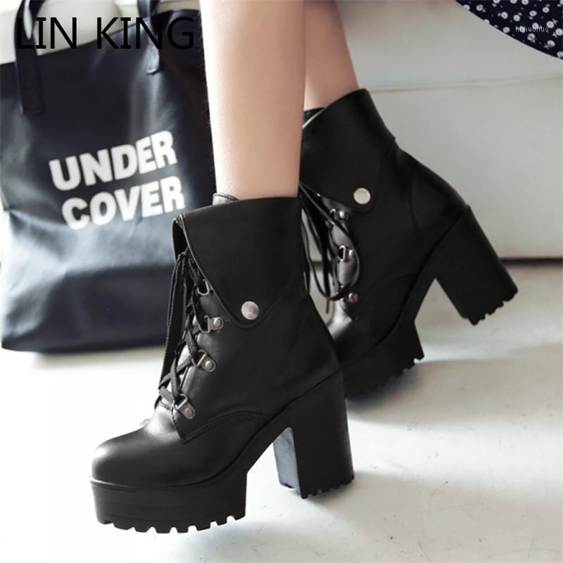 

LIN KING Women Winter Boots Snow Boots Waterproof Warm Fur Lace Up Platform Punk High Heel Round Toe Short Big Size1, White single style