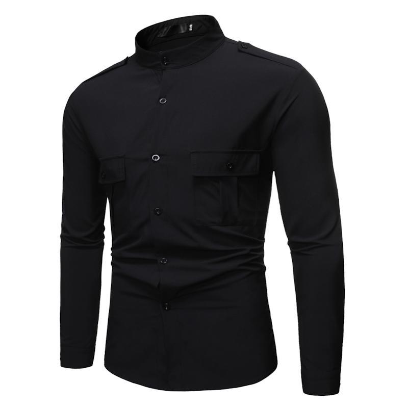 

Unique Multi-pocket design Mens dress Shirts Standing collar Casual Social Shirt for Men Slim fir Blouse Men, Black 1801-tx52-p35