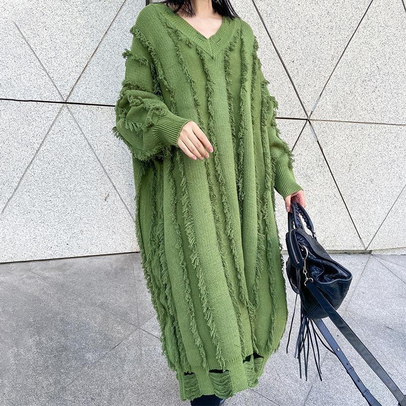 

2021 New Maxi Women Winter Sweatshirt with Loose V-cleavage Frills High Street Outer Nightgown Wear Thick Lazy Hedging Dressed in Green 67IF, Black