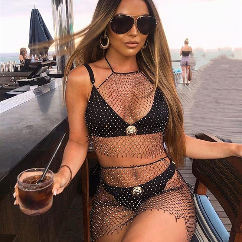 

Shiny Rhinestones Fishnet Plaid Two Piece Set Halter Backless Hollow Out Top Loose Hot Mini Skirt Sexy Beach Cover Up Suits, Red