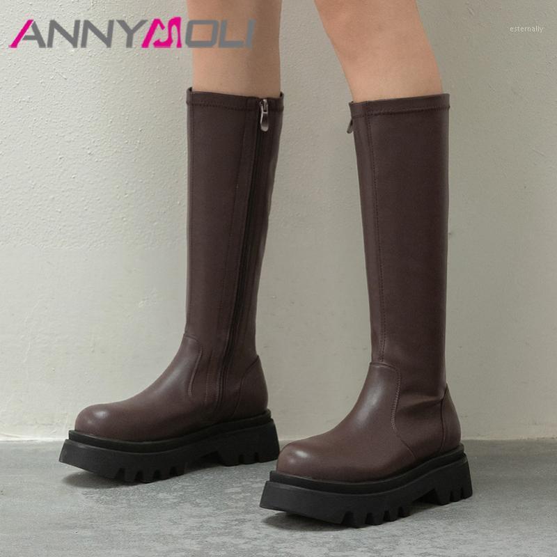 

ANNYMOLI Real Leather Flats Platform Long Boots Women Shoes Zipper Round Toe Knee High Boots Female Slim Stretch Brown1, Black synthetic lin