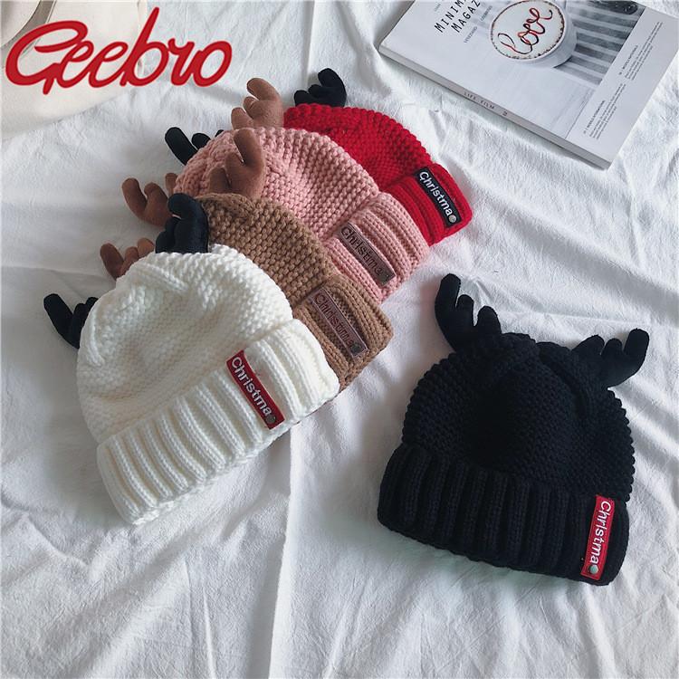 

Geebro Solid Unisex Beanie Christmas Antlers Woolen Blends Hat Female Autumn Winter Soft Warm Knitted Cap Men Women Skullcap, White