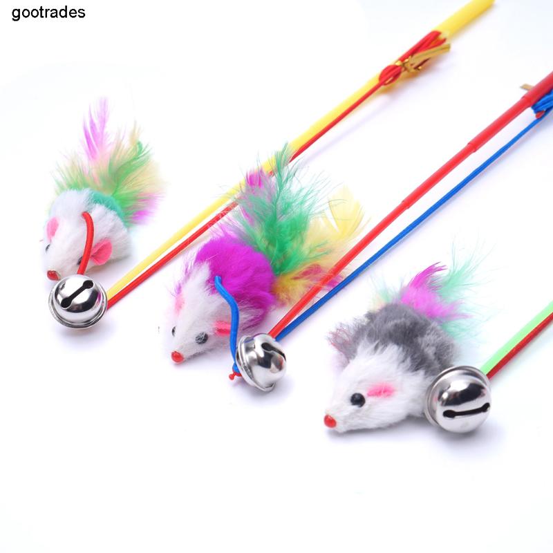 

New Kitten Cat Toy Mouse On A Rod Teaser Bell Feather Play Pet Dangler Wand