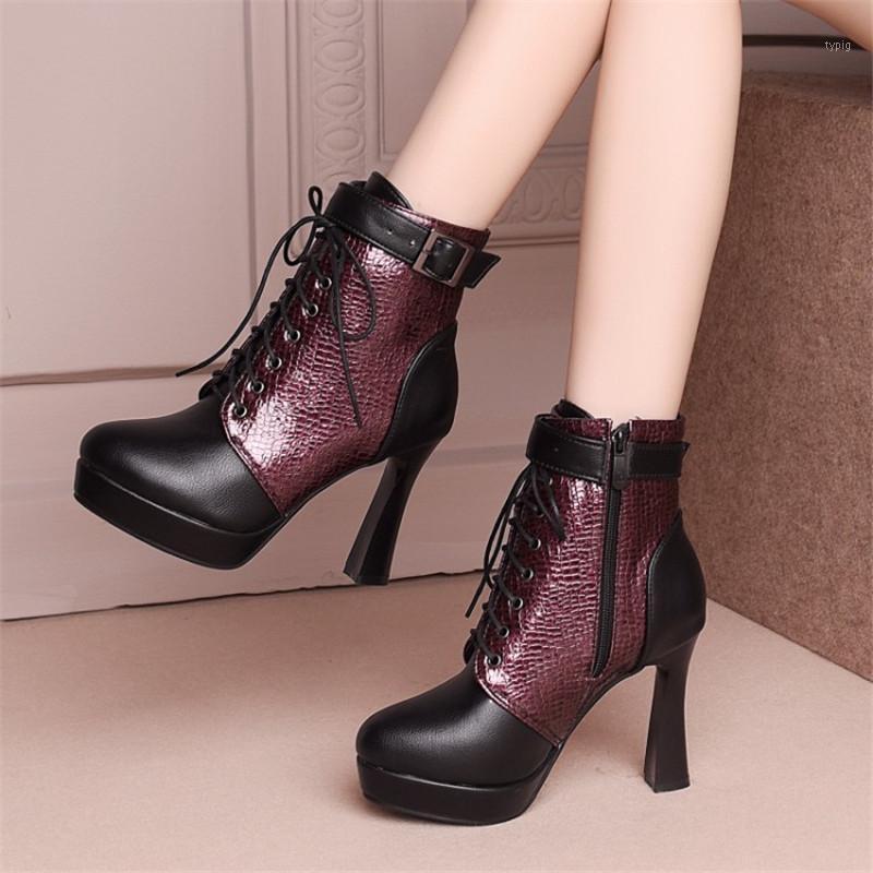 

PXELENA NEW Quality Ladies Ankle Boots Mixed Color Lace Up High Heels Platform Women Short Boots Autumn Winter Shoes Buckle Zip1, Black winter