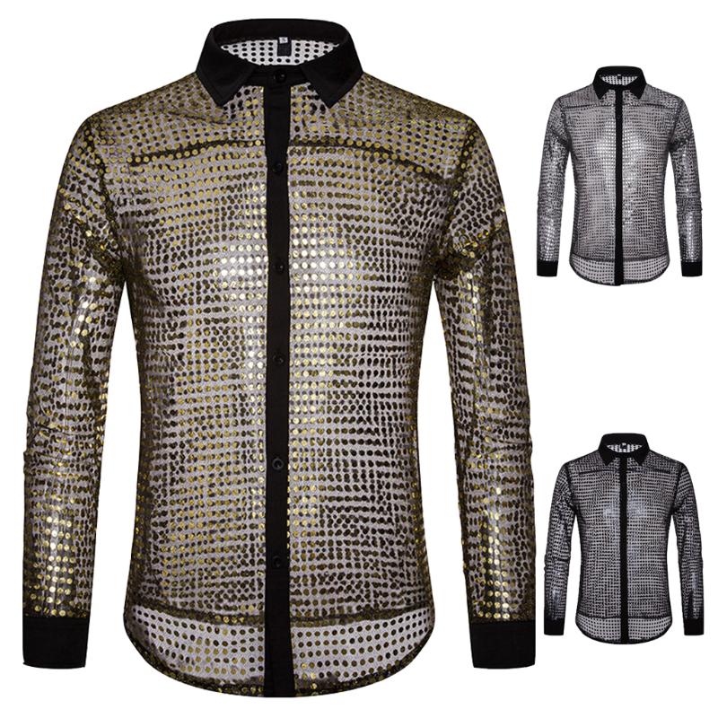 

European and American men' autumn and winter models polka dot scales nightclub costume design men' long-sleeved lapel shirt, Black