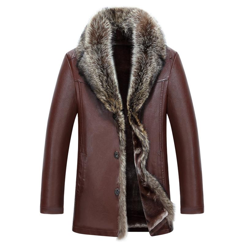 

2020 New Big Real Fur Collar Herren Leder Jacken Big Size Long Jacket Men Winter, Black