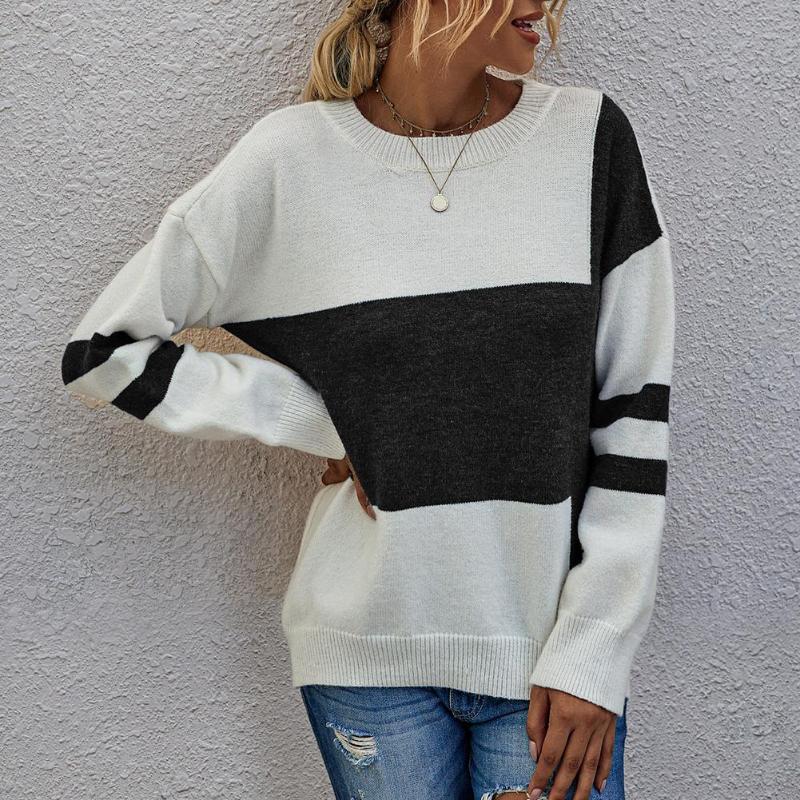 

Fashion Women Autumn Long Sleeve O Neck Sweater Color Block Knitwear Jumpers, Black
