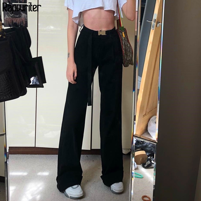 

Rapwriter Streetwear Loose Black Sashes Straight Pant Women Hot Spring High Waist Pants Trousers Long Pant Buttons Capris Pocket 201111, Black runched pant