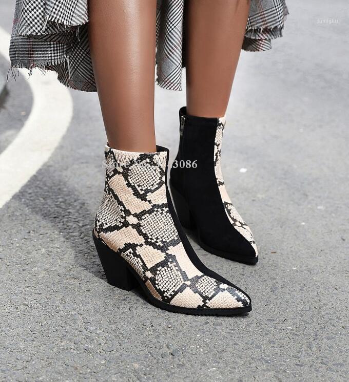 

Patchwork Snakeskin Leather Suede Chunky Heel Ankle Boots Lady Fashion Pointed Toe Mid-heel Street Style Short Boots Party Shoes1, Color 1