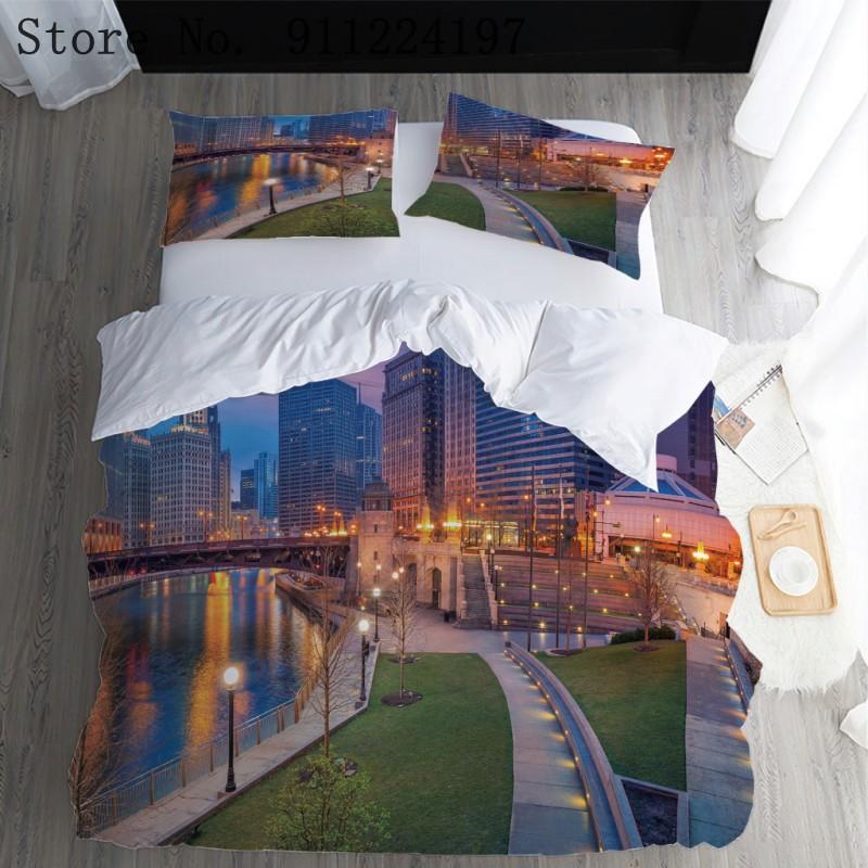 

City Night Duvet Cover Brightly Lit Bedding Set Printing Luxury 3pcs Quilt Cover Single Double Home Textile 240*220/140*200, Color-1