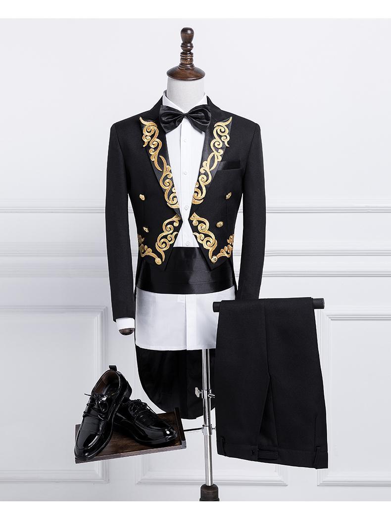 

Men's Suits & Blazers Male Gold Silver Embroidery Lapel Tail Coat Stage Singer Groom Black White Wedding Tuxedos For Men Costume Homme1, Black silver 1