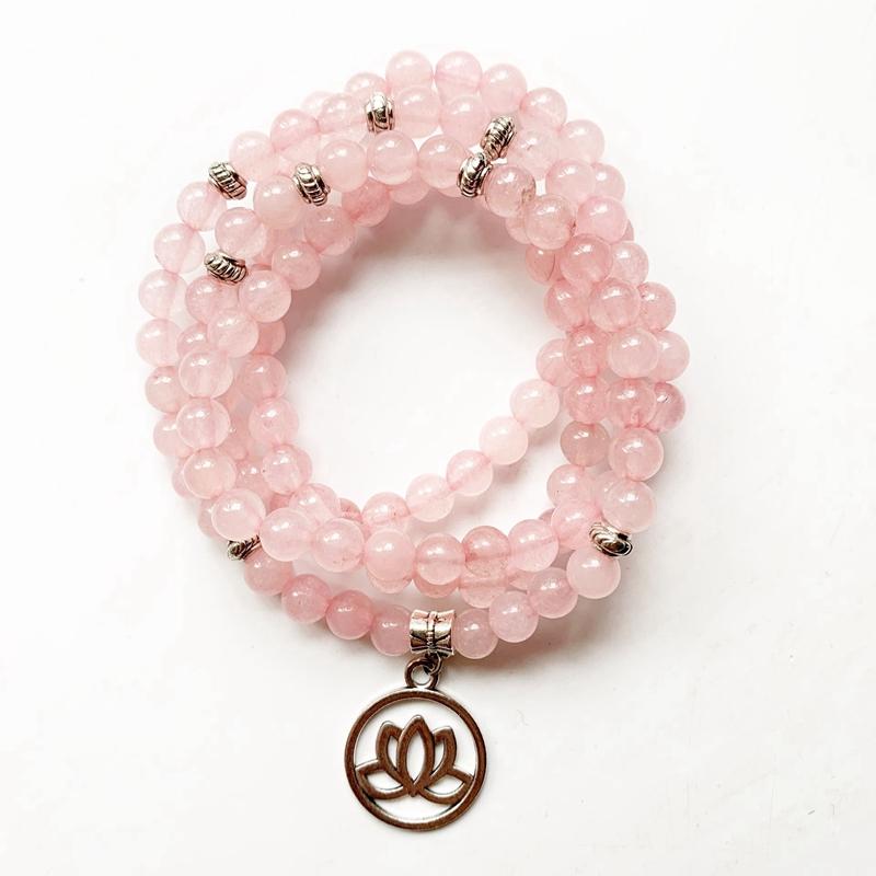 

Natural Rose Quartz Stone Prayer Beads Mala 108 Beads Bracelet Pink Crystal Lotus Om Earth Sun Star Pendant 6mm Craft 1pc
