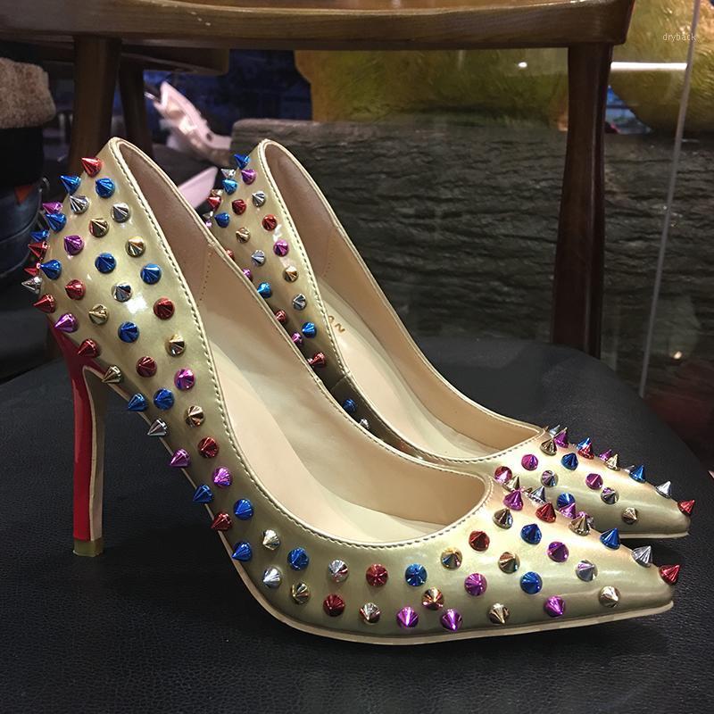 

2021 Fashion free shipping new spikes gold Patent Leather Poined Toe Stiletto high heel shoe pump HIGH-HEELED SHOE dress shoes1, 12cm