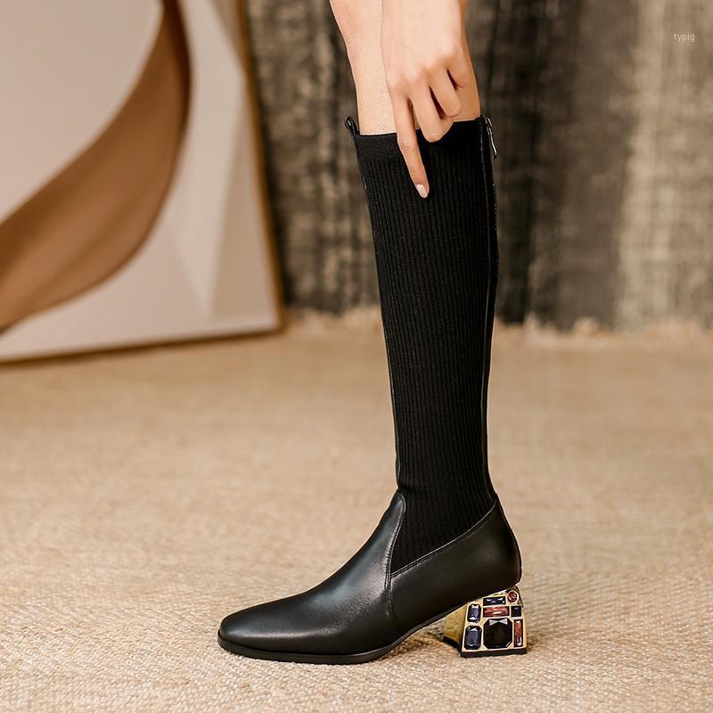 

Elegant Fashion Winter Newest Knee High Boots Genuine Leather Round Toe Thick Heels Shoes Party Shoes Woman1, Black