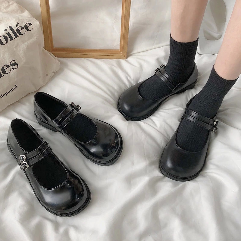 

2020 Autumn Spring Lolita Shoes Women Mary Janes Shoes Double Buckle Girls Patent Leather Flat on Platform Shoe 8531N #MI6R, Beige
