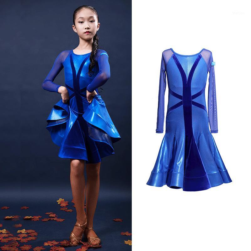 

Stage Wear Girls Lace Ballroom And Latin Dance Dresses For Sale Cha Rumba Samba Jive Long Sleeves Children Teen Latino Dress1, Blue