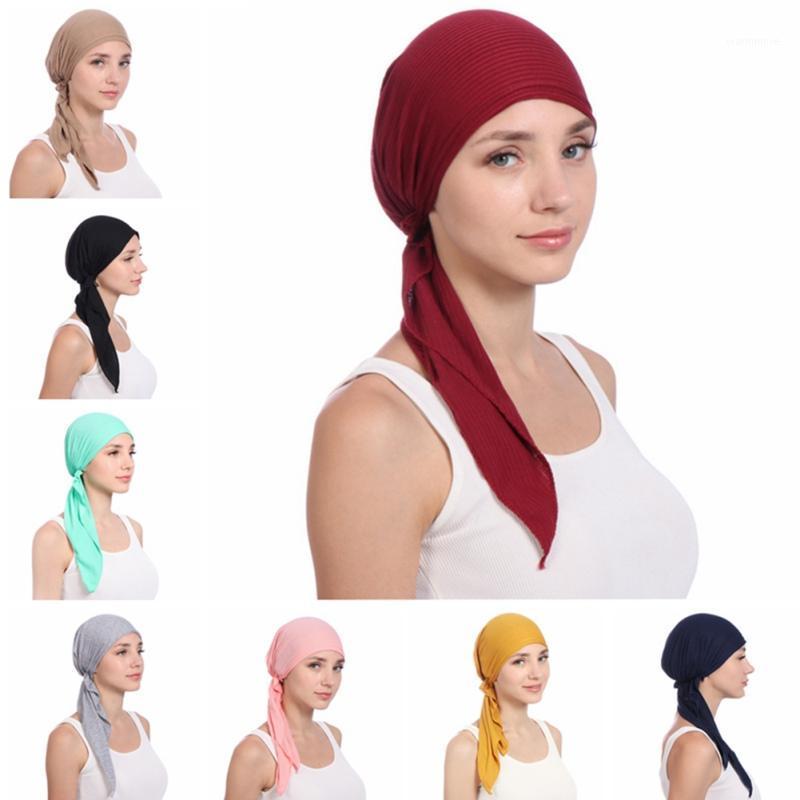 

2020 New Women India Hat Muslim Ruffle Cancer Chemo Beanie Scarf daily wear solid Turban Two Tail Wrap Cap H1