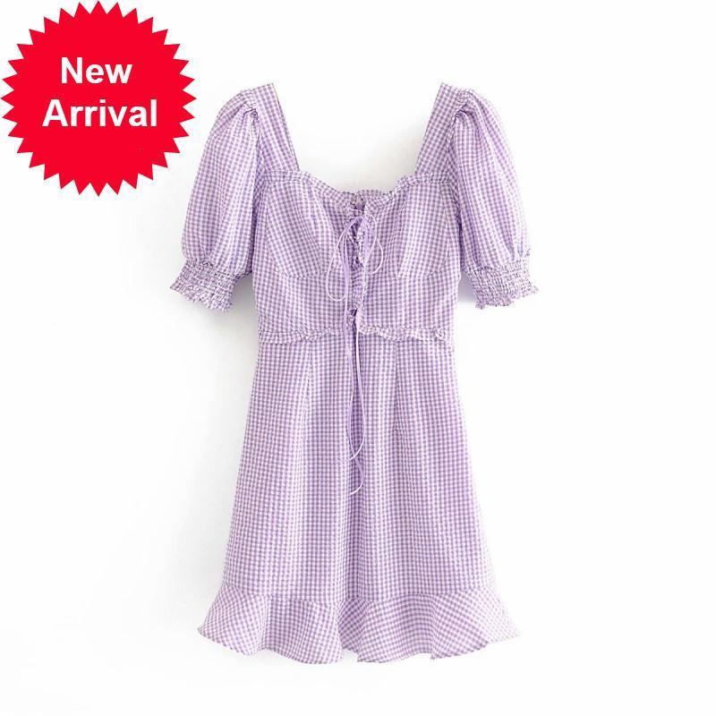 

New Fashion 2021 Party Designer Female Summer Plaid Puff Sleeves Sexy Square Collar Bandage Short Sleeve Frilly Mini Dress OE9X, Blue