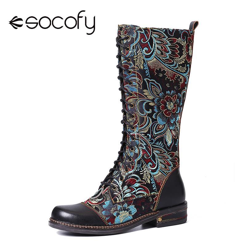 

SOCOFY Flowers Pattern Colorful Stitching Elegant Zipper Lace Up Flat Mid Calf Boots Elegant Shoes Women Shoes Botas Mujer, Black