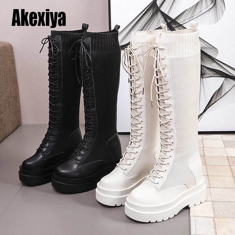 

Hot Sale Spring Autumn Lace up Knee High Boots Women Fashion Beige Square Heel Woman Shoes Stretch Fabric boots u997, Black