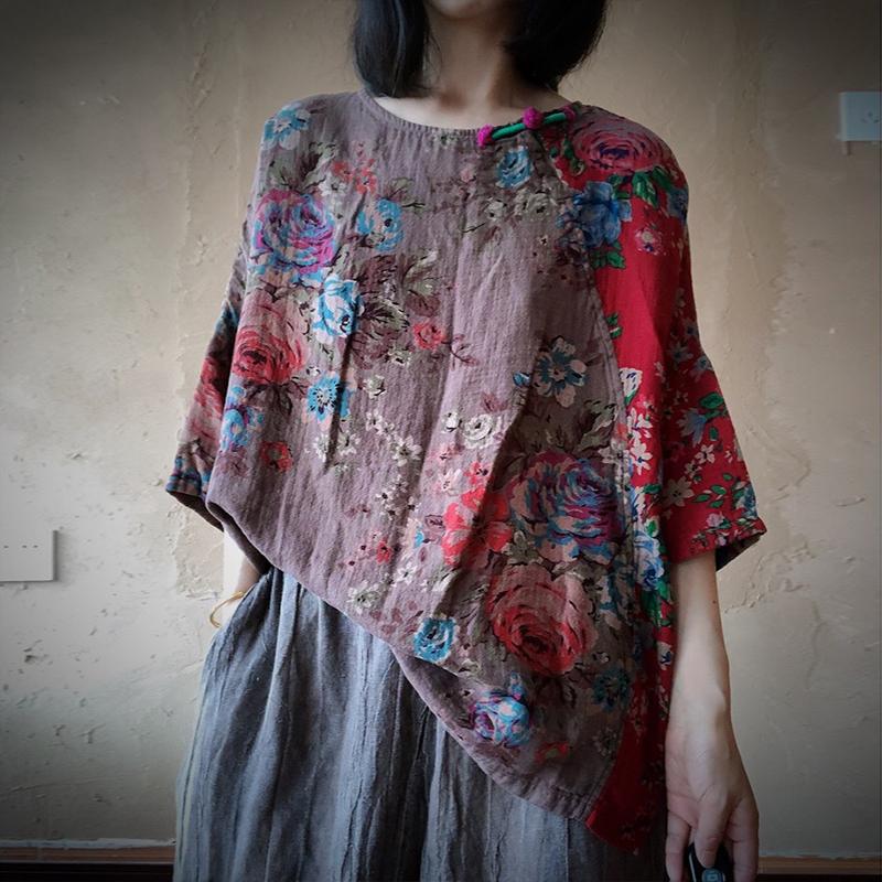 

Johnature 2020 Summer Patchwork Print Tops New O-Neck Vintage Half Sleeve Cotton Women Casual All-match Loose Khaki T-shirts
