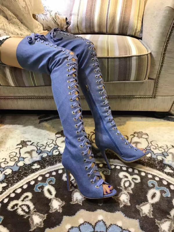 

2020 Fall Winter New Satin Fabric Long Boots Denim Cross-Straps Lace-up Over-the-knee Boots Ribbon Thigh High1, As picture