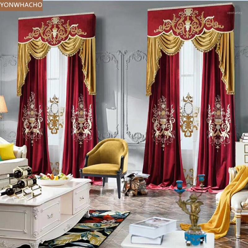 

Custom curtains high quality luxury European embroidered velvet thick cloth blackout curtain valance tulle panel B6481, Wine red