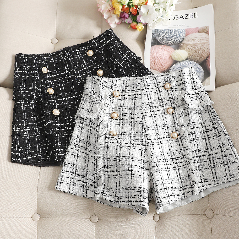 

2021 New Autumn and winter woolen children's small fragrance wide leg thick tweed shorts high waist boots 4BYL, Black