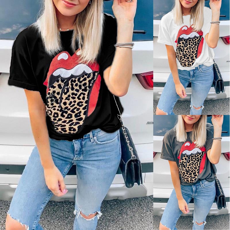 

Women Tshirt Designer Leopard Lips Print Ladies T-shirts Summer Short Sleeved Crew Neck Leopard T Shirts Blouse Shirt Womens Tops Tees -2XL, Gray