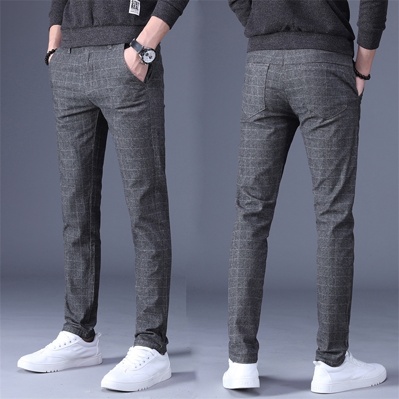 

Spring Autumn Slim Straight Pant Men New Fashion Men Casual Pants male Business Trousers plaid pants men 201109, Black