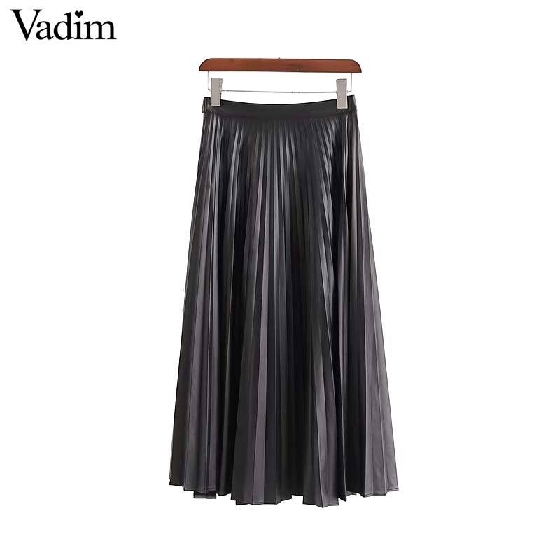 

Vadim women PU leather wrap button fly irregular design skirts black female chic mid calf pleated skirt mujer BA811 Y200326, As picture