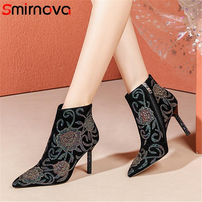 

Smirnova 2021 Hot Sale Party Wedding Shoes Women Ankle Boots Crystal Zipper Suede Leather Elegant High Heel Boots Female, Red with fur