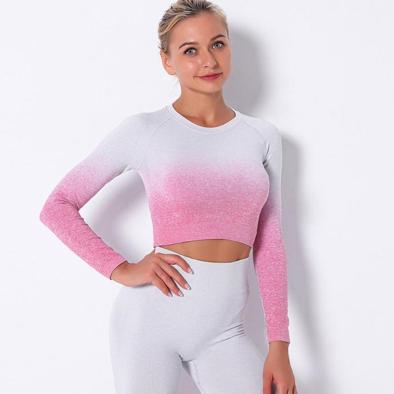 

OEM Women's Pink Gradient Seamless Long Sleeve Crop Top Yoga Shirts Training Running Fitness Workout Seamless Top Shirts