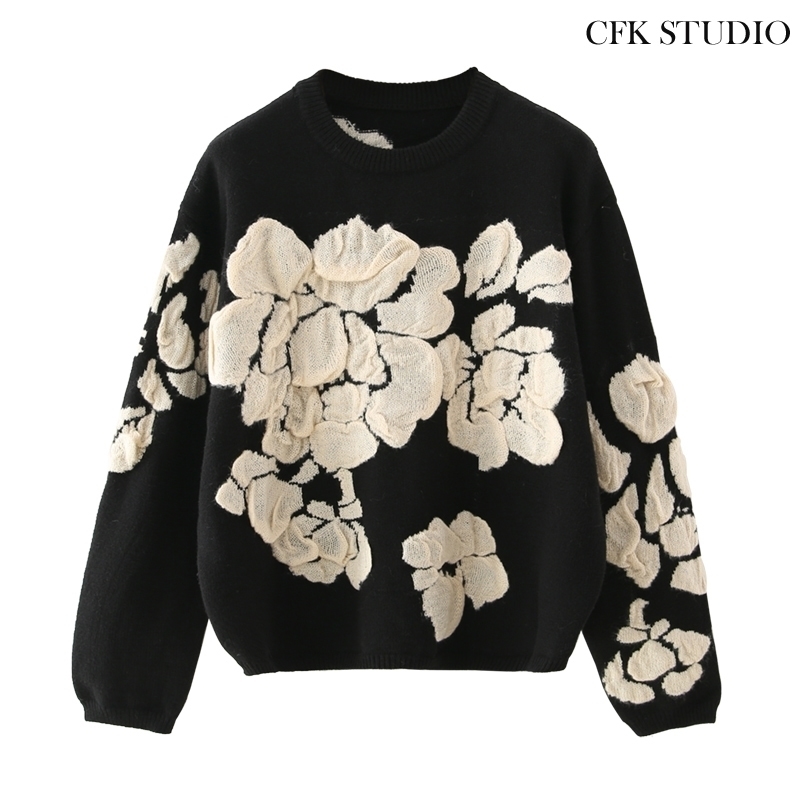 

Autumn Winter Floral Print Sweater Women Knitted Pullover Femme Sweaters High Quality Knitted Oversize black Sweater Jumper 201030, Beige