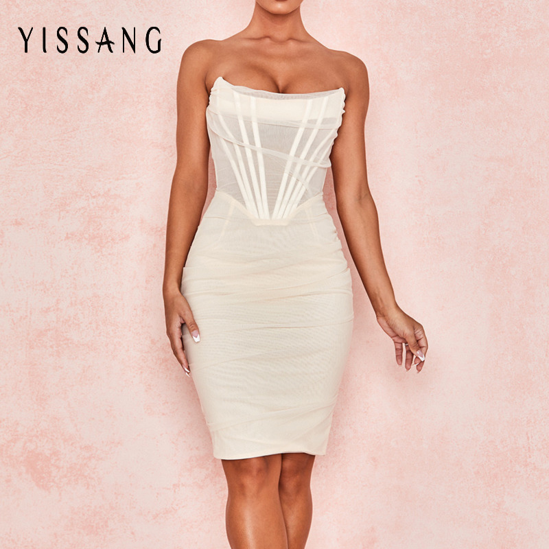 

Yissang White Strapless Sexy Bandage Mesh Midi Dress Women Off Shoulder Lined Club Party Dresses Summer Elegant Bodycon Sundress, Pink