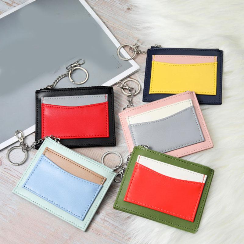 

12*10*0.5cm New Fashion Patchwork ID Card Pouch Bag Key Chain Cute Wallet Women Girls Colorful Holder Zipper Organizer Case, Beige