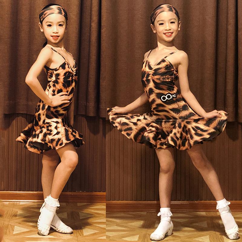 

Girls Latin Dance Performance Dress Leopard Print Costume Latin 2020 New Summer Suspender Dress Kids Stage Backless Clothes 4171
