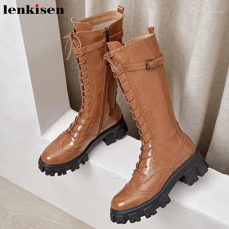 

Lenkisen brogue carved knight boots genuine leather lace up belt buckle thick bottom round toe winter warm mid-calf boots L761, Black