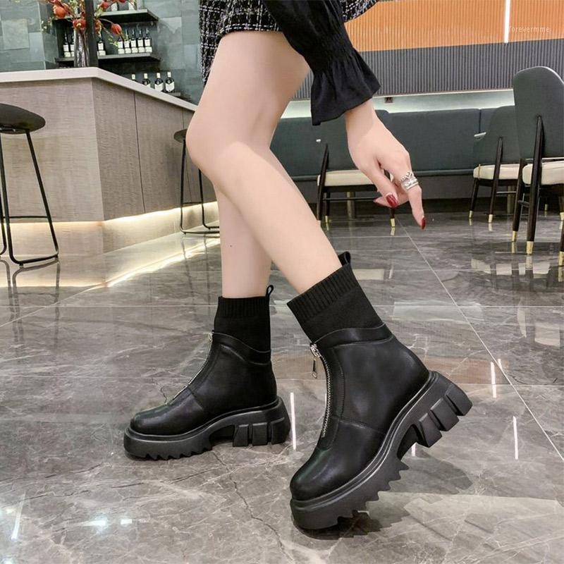 

Women Ankle Boots Plarform Thich Zipper PU Leather Stretch Fabric Shoes Ladies Non-slip Warm Plush Bottomn Chunky Heels Botas1, Black