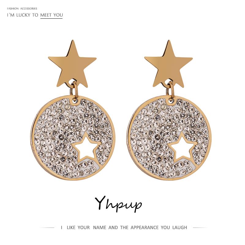 

Yhpup Korean Hollow Star Stainless Steel Bling Rhinestone Dangle Earrings Rose Gold Round Statement Earrings Jewelry for Women, Silver
