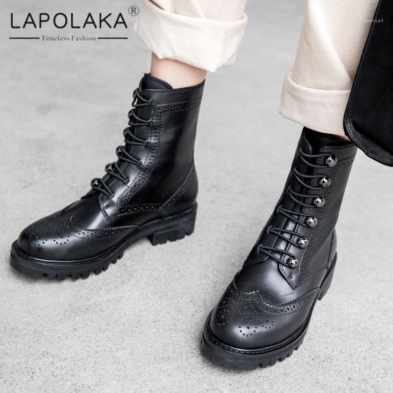 

Lapolaka 2020 New Design Genuine Cow Leather Ankle Boots Woman Shoes Chunky Heels Platform Fashion Shoes Lady Boots Female1, Black