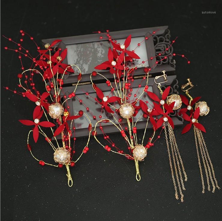 

red Flower Hair Clip Hairpins vintage Bridal Wedding dress Barrette earrings Wedding Decoration Hair Accessories Women Hairwear1